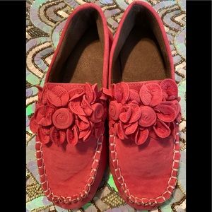 Red Microsuede Flowered Boat Shoes